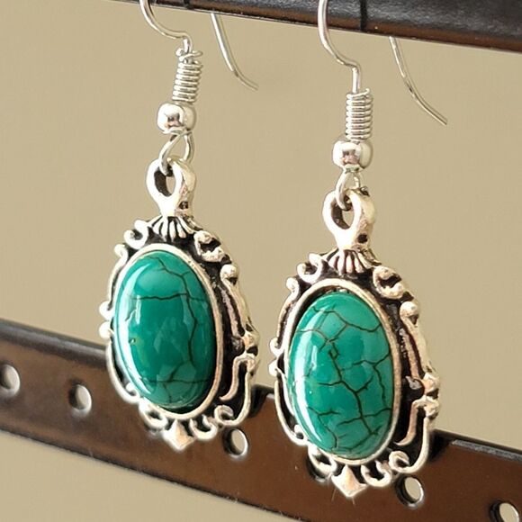 Earrings Silver Tone Turquoise Teal Earrings #0064 - Picture 4 of 7